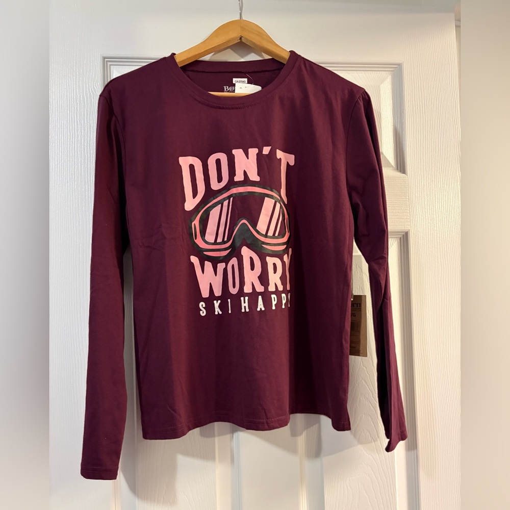 NWT Born Deep Plum Long Sleeve Tee with Tag. Don’t worry ski happy graphic